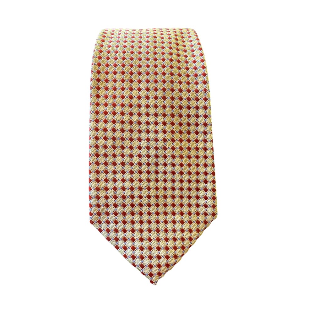 Lands End Mens 100% Silk Tie Red Gold Diamond Pattern Handsewn Made in USA EUC